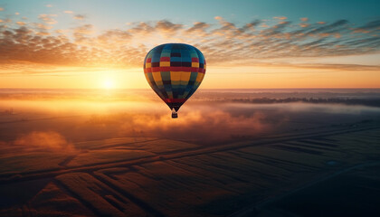 Hot air balloon flying high up in the mountain range generated by AI