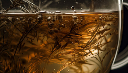 Smooth whiskey pouring into a drinking glass, reflecting golden curves generated by AI
