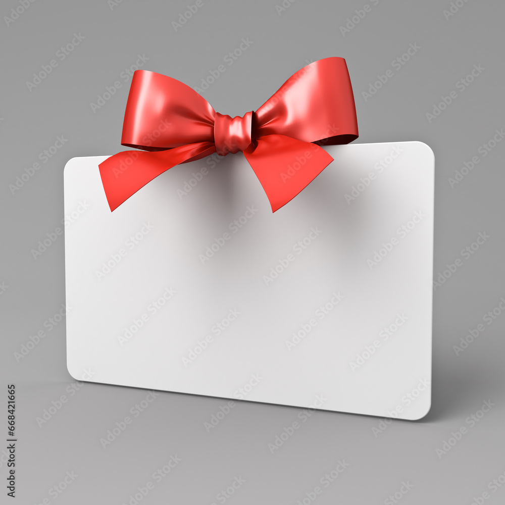 Poster Blank white gift card signboard or gift voucher mock up stand with red ribbon bow isolated on dark grey background with shadow minimal concepts 3D rendering