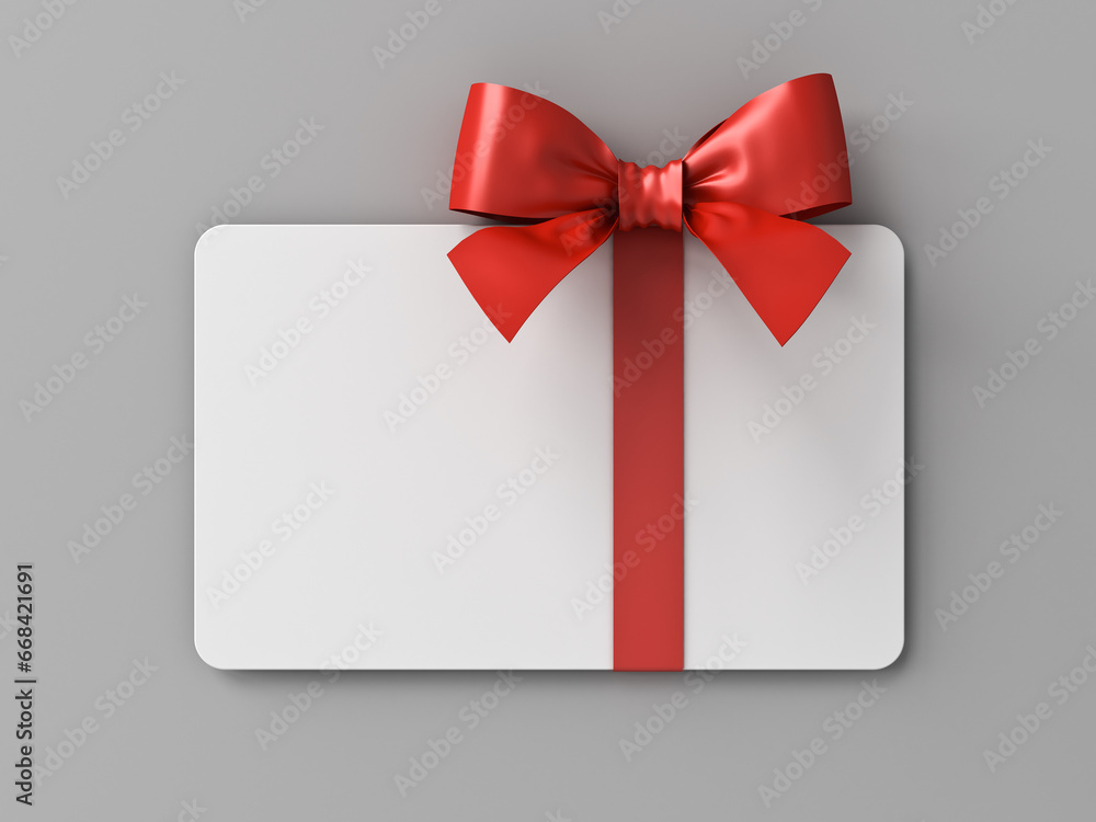 Aufkleber Blank 3d white gift card or gift voucher with red ribbon and bow isolated on grey wall background with shadow minimal conceptual 3D rendering