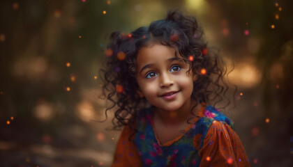 Smiling child, cute and cheerful, happiness in portrait outdoors generated by AI