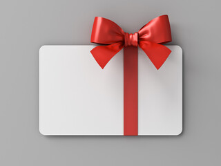 Blank 3d white gift card or gift voucher with red ribbon and bow isolated on grey wall background with shadow minimal conceptual 3D rendering