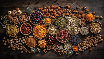 Obraz na płótnie Canvas Organic fruit bowl almond with cashew, cranberry, hazelnut, walnut, blueberry, pumpkin, berry generated by AI