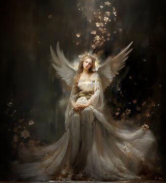 Creation of an female Angel in Heavens, dark background, falling flowers