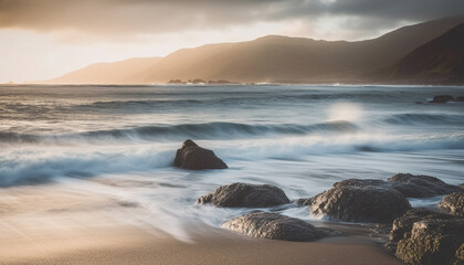 Obraz premium Sunset over the tranquil coastline, waves breaking on rocky cliffs generated by AI