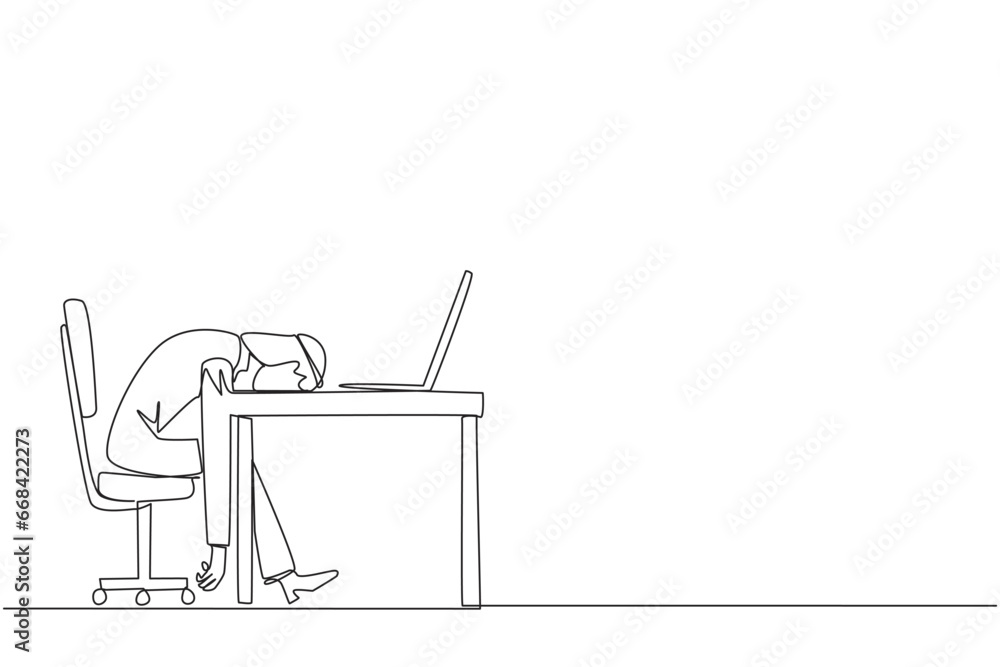 Poster single continuous line drawing arabian businessman fell asleep in front of a laptop computer. fatigu