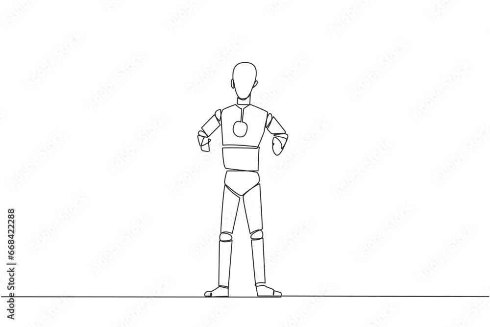 Poster single continuous line drawing smart robot standing straight. survive inflation and pandemics. looki