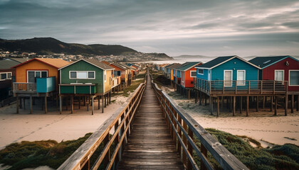 Fototapeta na wymiar Tranquil coastline, colorful beach huts, remote wood cabin, serene sunset generated by AI
