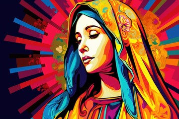 Pop art rendition of Holy Mary, vibrant colors and bold designs.