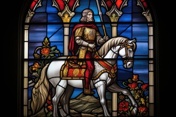 Stained glass window depicting a knight, colorful, religious