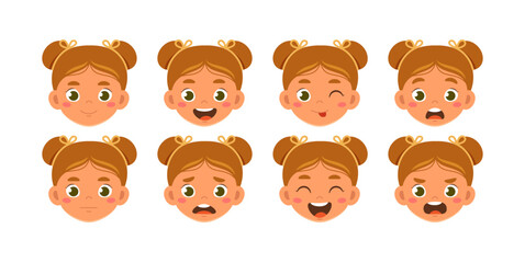 Character girl head set. Kid with different feelings and moods. Schooler and preschooler. Pack for animations. Poster or banner. Cartoon flat vector collection isolated on white background