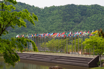 Flags of different countries on Korean Park