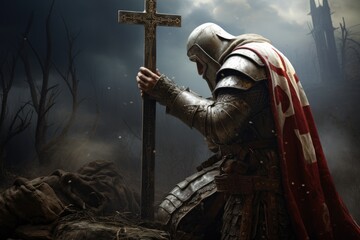 Templar knight praying before a battle - obrazy, fototapety, plakaty