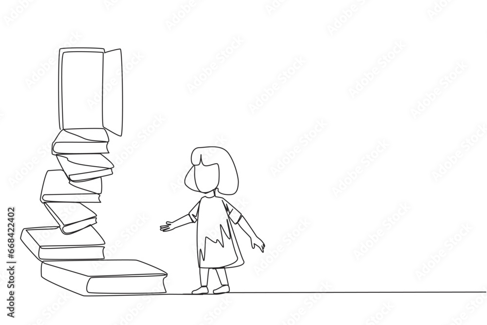 Poster continuous one line drawing girls climb the stairs from the book stack. towards the wide open door. 