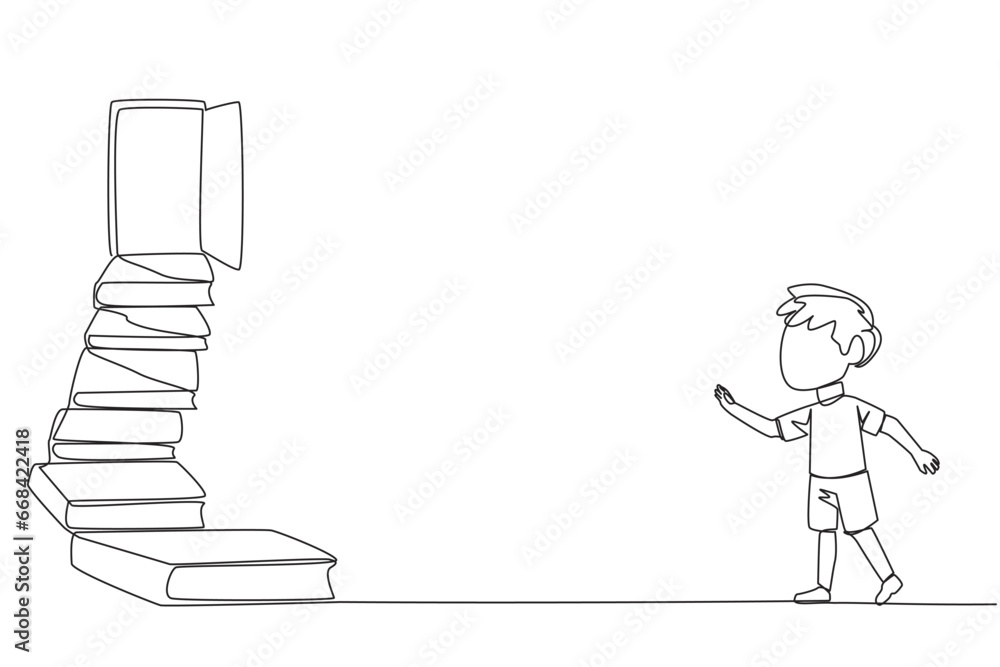 Poster continuous one line drawing boy climb the stairs from the book stack. towards the wide open door. me