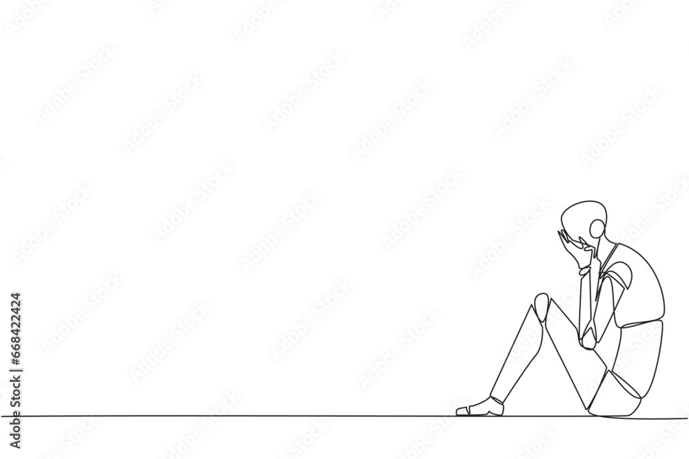 Poster continuous one line drawing smart robot sitting while covering face. unhappy robotic bemoans the fat