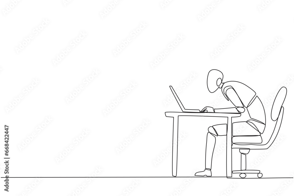 Poster single one line drawing robot sitting and typing on laptop computer. work hard to achieve maximum ex