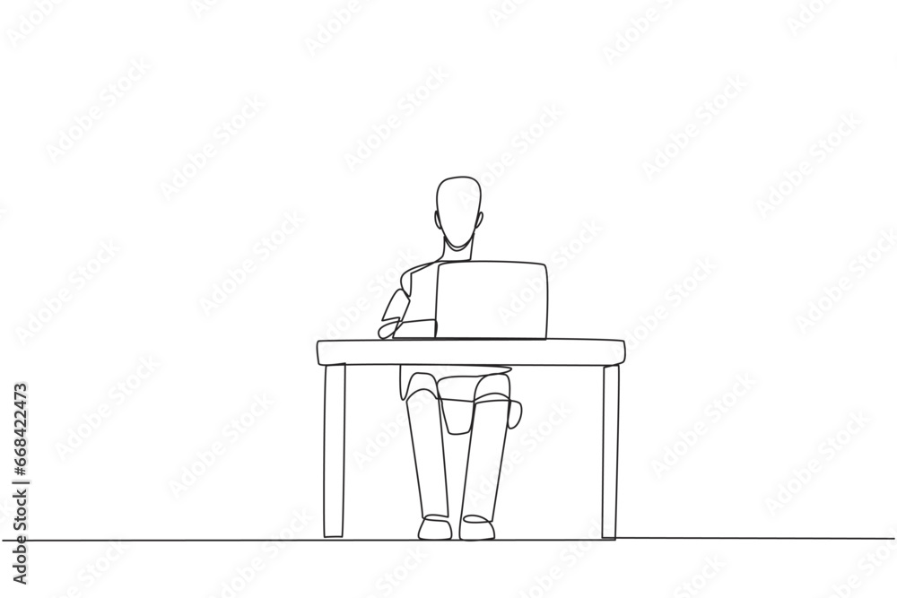 Poster continuous one line drawing robot sitting typing on laptop computer. prepare important data to prese