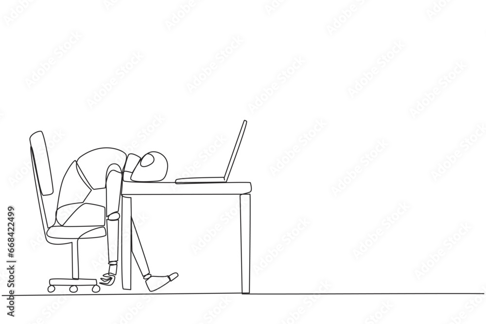 Poster single one line drawing robot fell asleep in front of laptop computer. fatigue running business. men