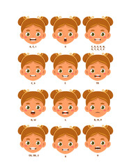 Character girl head set. Kid with different emotions. Schooler and preschooler. Pack for animations. Graphic element for website. Cartoon flat vector collection isolated on white background