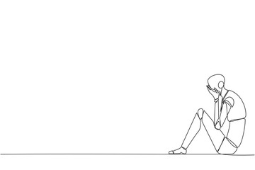 Continuous one line drawing smart robot sitting while covering face. Unhappy robotic bemoans the fate of business. Failure to develop business unit. Tech. Single line draw design vector illustration