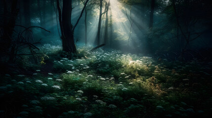 Enchanted woodland with radiant plants; mysterious scene emerges from lush growth; striking light plays against the greenery.