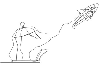 Single one line drawing businesswoman flying with rocket and breaks the cage. Free from traps. Getting a booster to continue the business. Business soared. Continuous line design graphic illustration