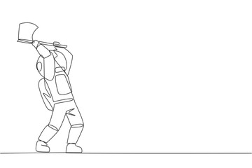 Single one line drawing young young astronaut swinging an axe. Style like a lumberjack. Strong. Muscular. Powerful. Sports for physical health. Awareness. Continuous line design graphic illustration