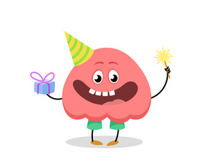 Cute monster character concept. Abstract spotted demon. Adorable fictional character with gift. Graphic element for website. Cartoon flat vector illustration isolated on white background