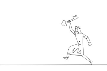 Single continuous line drawing Arabian businessman running holding key. Doing celebrate. Perform movements like a relay athlete. The secret key to business revival. One line design vector illustration