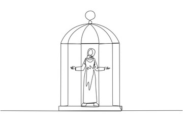 Single continuous line drawing Arab businesswoman trapped in cage standing with open arms. Surrender to situation. Forced to stay in cage. Business is not growing. One line design vector illustration