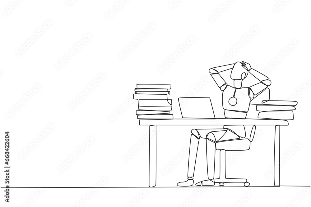 Poster continuous one line drawing smart robot sitting on office chair. curious to see stock price on a lap