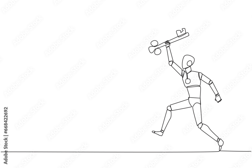 Poster single one line drawing smart robotic running holding key. doing celebrate. perform movements like a