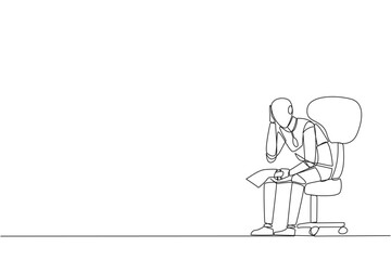 Single continuous line drawing sad robotic sit limply in a chair. Pensively holding piece of bill paper. The large of receivables, business will collapse. AI tech. One line design vector illustration