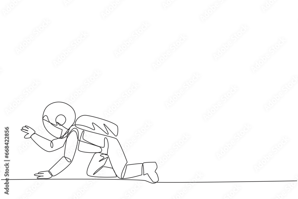 Poster single continuous line drawing young tired astronaut. trying to get up after being attacked by a pan