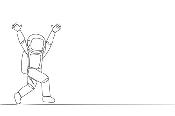 Single one line drawing young astronaut running to celebrate the success of business. Like a football player who scores goal, he doing celebrates. Success. Continuous line design graphic illustration