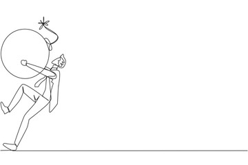 Single continuous line drawing young businessman carrying a bomb with a burning fuse. The concept of keeping danger away from the business environment to survive. One line design vector illustration