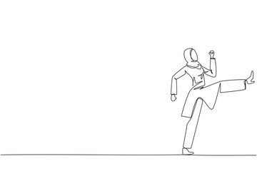 Single one line drawing Arabian businesswoman doing kicking motion. Stretch before office hours start. A healthy way to stay focused on doing business. Continuous line design graphic illustration
