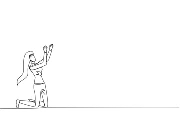Single one line drawing businesswoman kneeling raising hands to pray. Praying to make it easier to do business. Businesswoman lost hope. Surrender. Sadness. Continuous line design graphic illustration