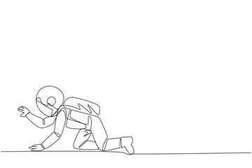 Single continuous line drawing young tired astronaut. Trying to get up after being attacked by a pandemic. Starting from crawling, walking, then running fast. One line design vector illustration