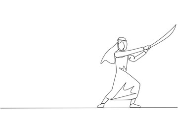 Single continuous line drawing Arab businessman holding samurai. Stylized like samurai athlete guarding the business. Prepared to eliminate disrupt business growth. One line design vector illustration