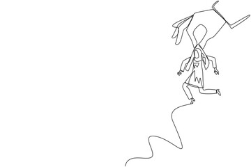 Continuous one line drawing big hand holding Arabian businesswoman. Workplace moving metaphor. Position transfer. Level up. Have bigger responsibilities. Single line draw design vector illustration