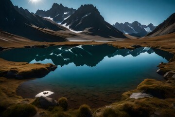 Fototapeta na wymiar A tranquil alpine tarn, its waters mirroring the surrounding peaks.