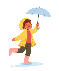 Child with umbrella under rain concept. Boy in autumn and fall season. Schoolboy in yellow coat. Poster or banner. Cartoon flat vector illustration isolated on white background