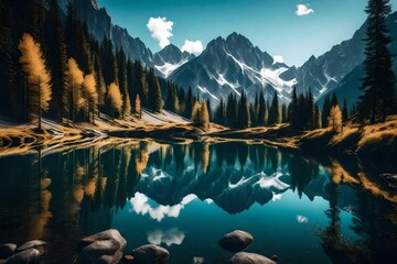 A serene alpine lake reflecting towering mountain peaks.
