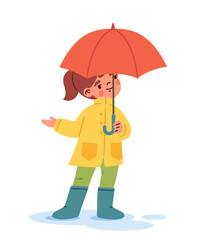 Child with umbrella under rain concept. Girl in autumn and fall season. Schoolgirl with red umbrella. Social media sticker. Cartoon flat vector illustration isolated on white background