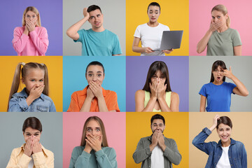 Collage with photos of embarrassed people on different color backgrounds