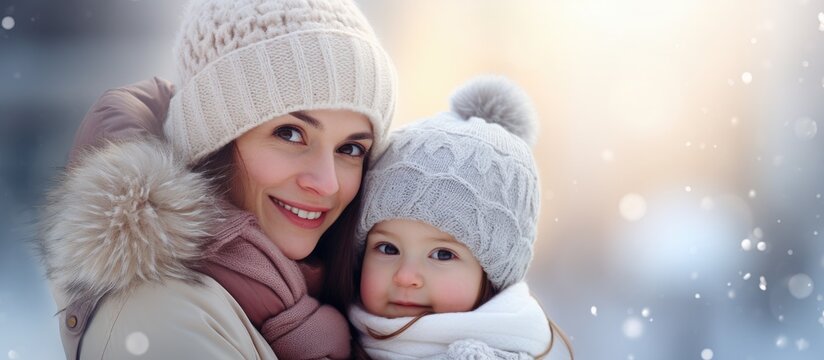 Lovely mother and cute child outside during winter