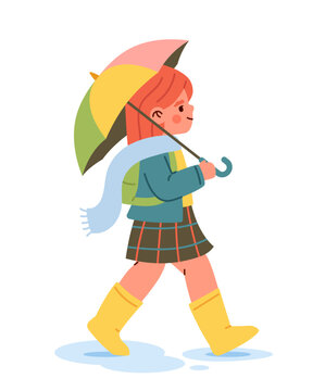 Child with umbrella under rain concept. Girl in autumn and fall season. Schoolgirl in yellow rubber boots. Template and layout. Cartoon flat vector illustration isolated on white background