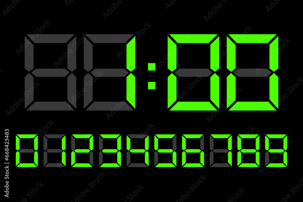 Poster light green digital led numbers. digital clock number set. electronic figures. vector illustration. 
